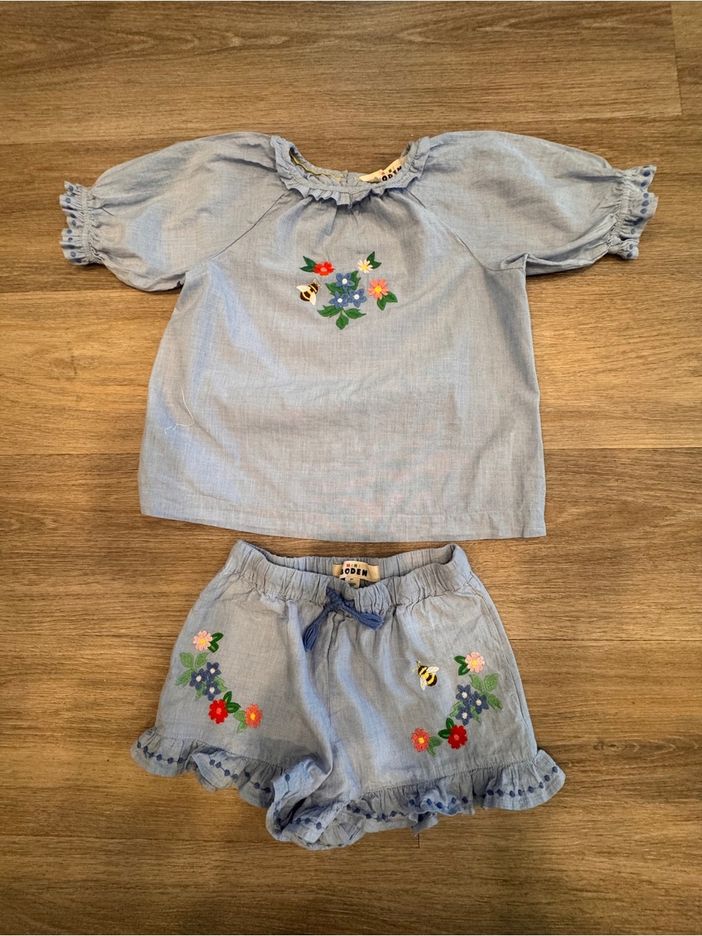 Mini Boden Light Blue Embroidered Floral Top & Shorts Set